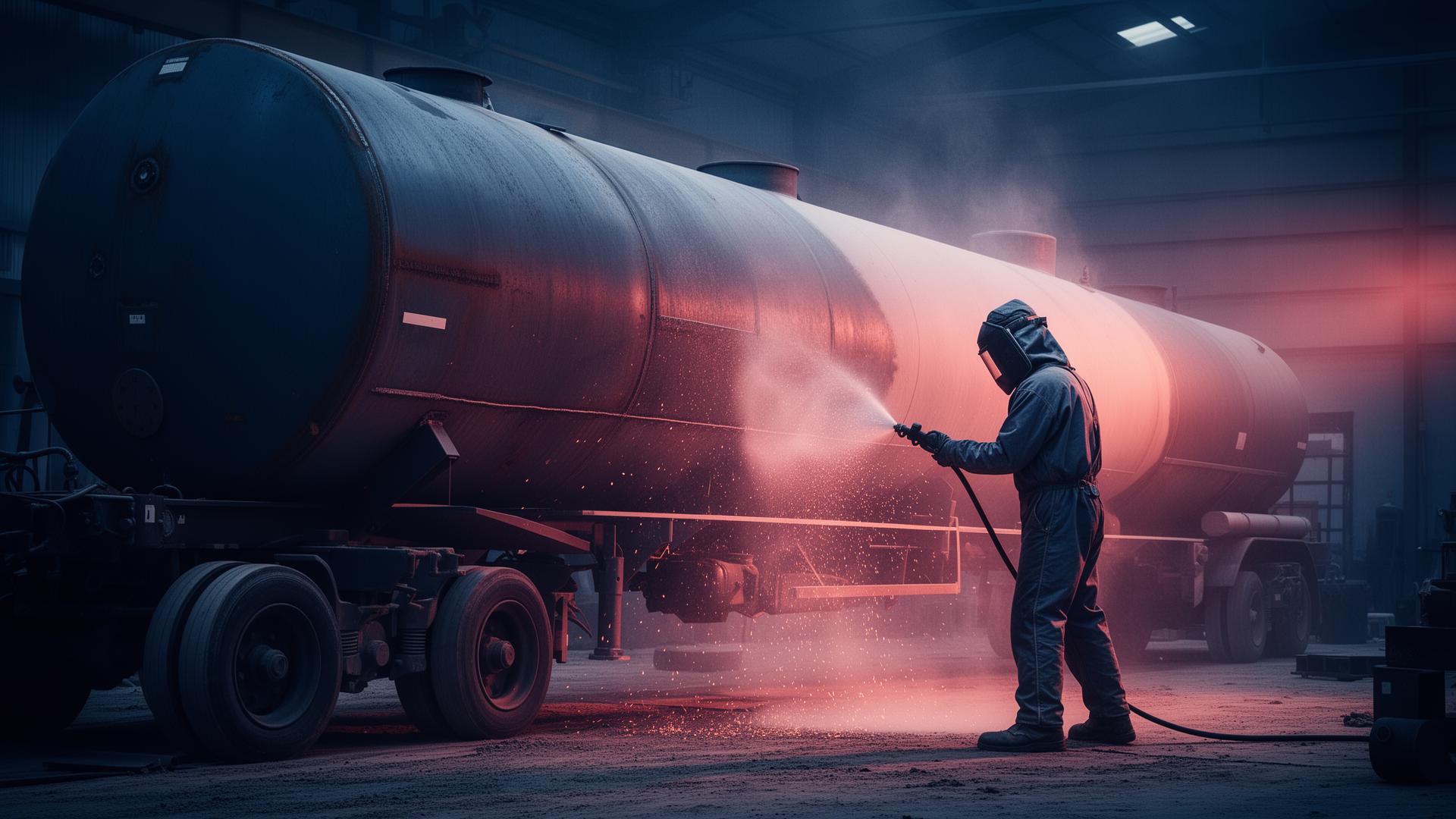 Industrial sandblasting of a tank trailer